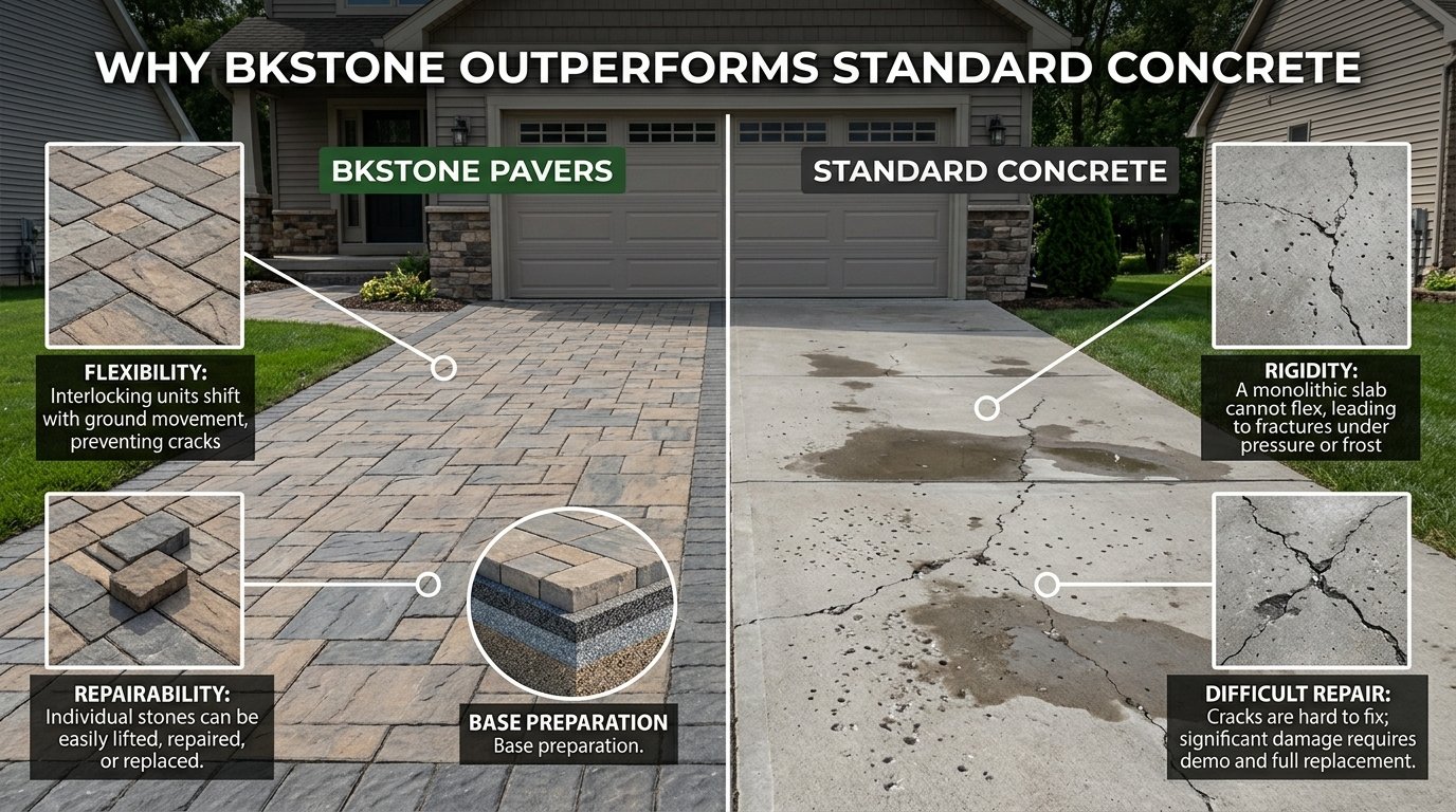 Bkstone paving compared with standard concrete for outdoor surfaces