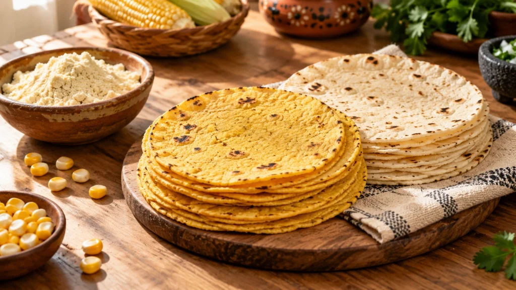 Fresh corn tortillas made with corn masa for a gluten-free diet