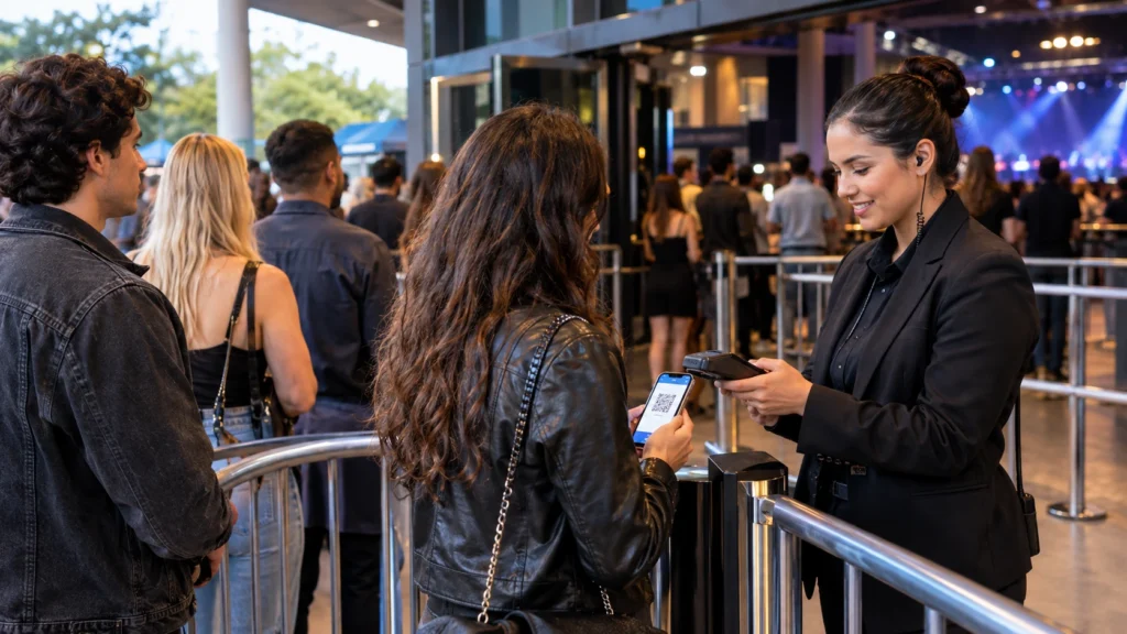 Ticket attendant checking a digital ticket at an event entrance