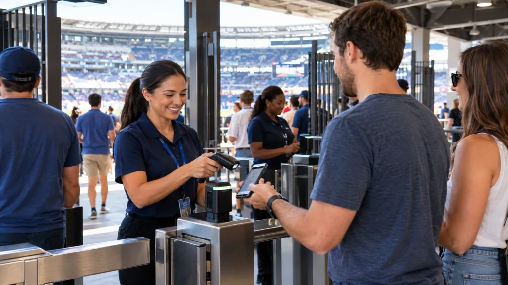 U.S. event staff checking digital tickets at a stadium entrance