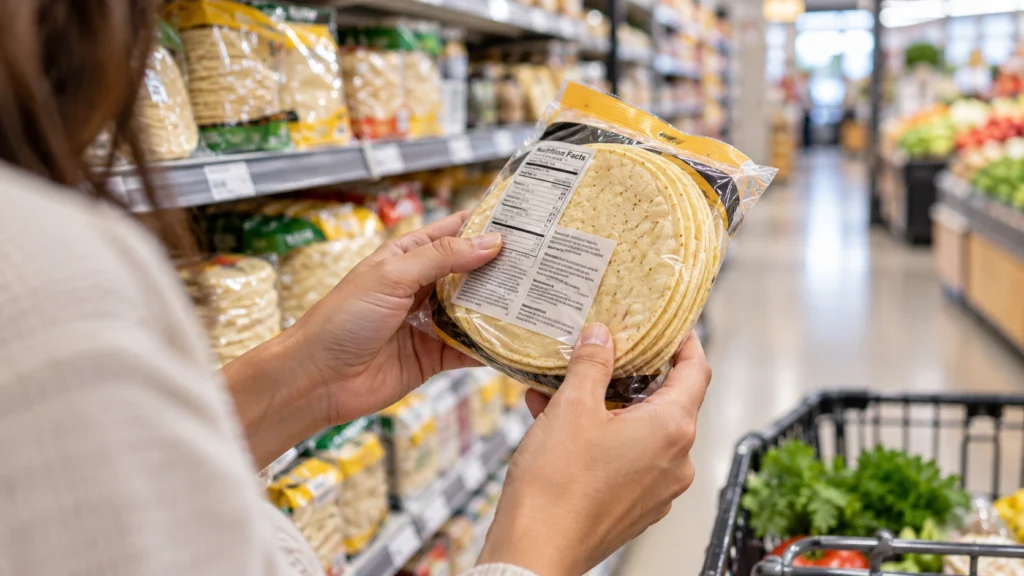 Shopper checking a corn tortilla ingredient label for gluten
