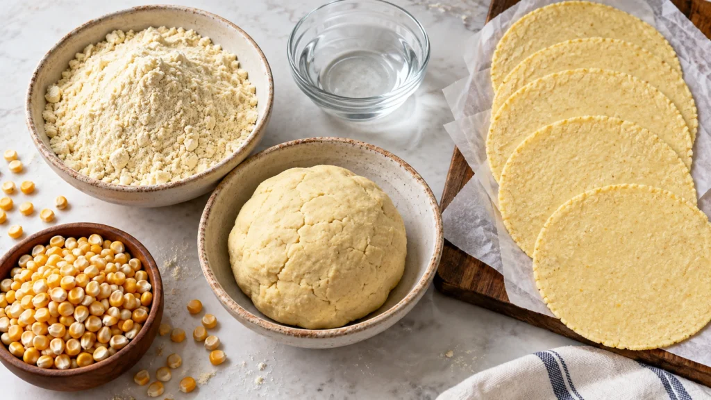 Corn masa, masa harina and ingredients used to make corn tortillas