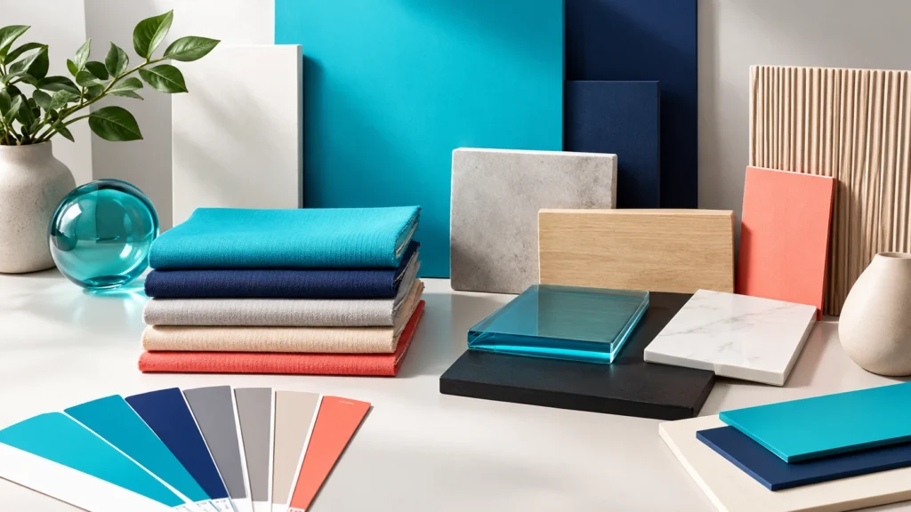 Cyanová color combinations with navy white and warm accents