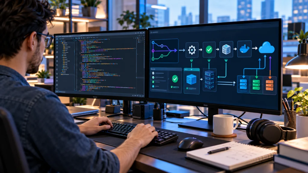 DevOps CI/CD workflow with Git version control, automated testing and Docker containers