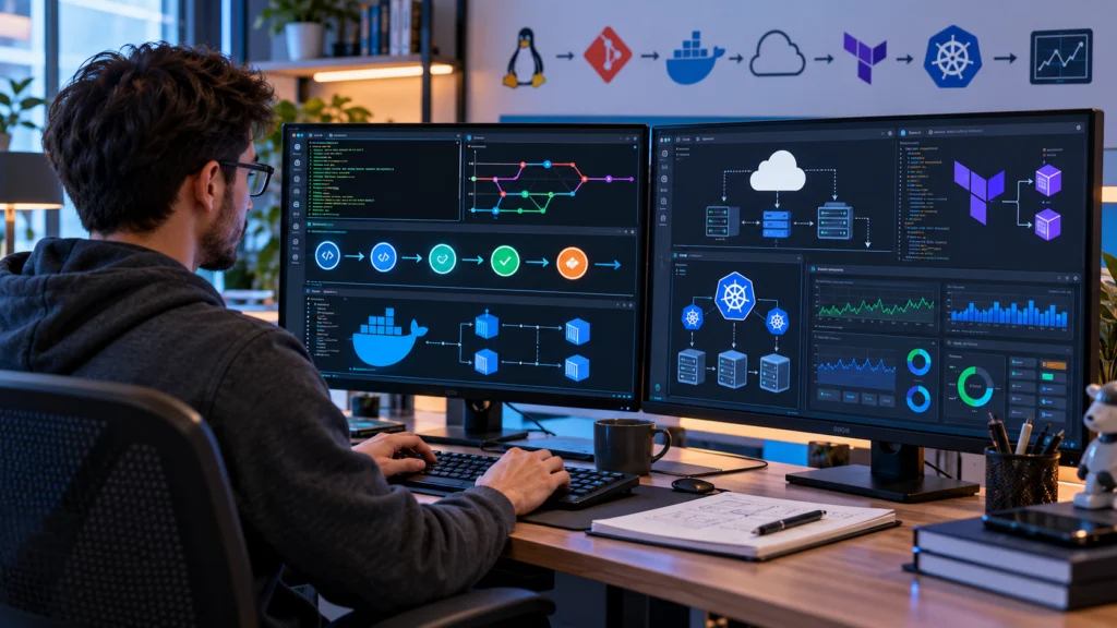 Droven.io DevOps tutorials learning roadmap with Linux, Git, Docker, cloud and Kubernetes