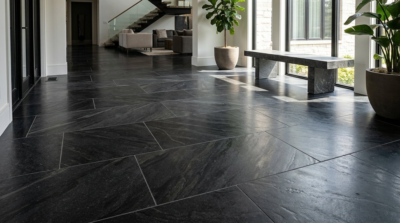 Bkstone dark stone flooring in a modern contemporary interior