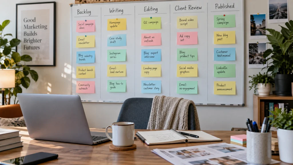 Keibann-style workflow board for a marketing team