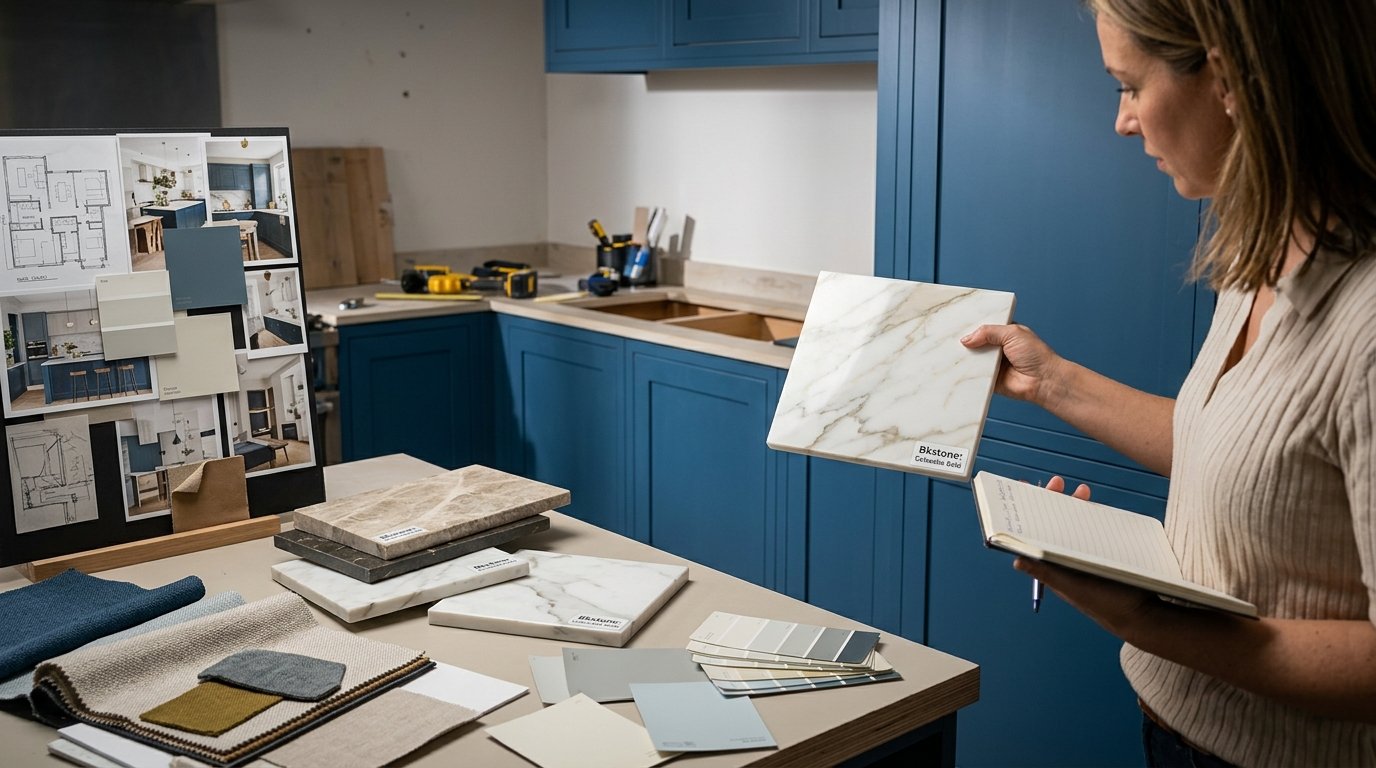 Customer comparing Bkstone stone samples for a home project