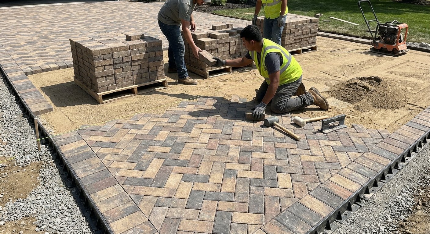 Bkstone pavers being installed for an outdoor patio