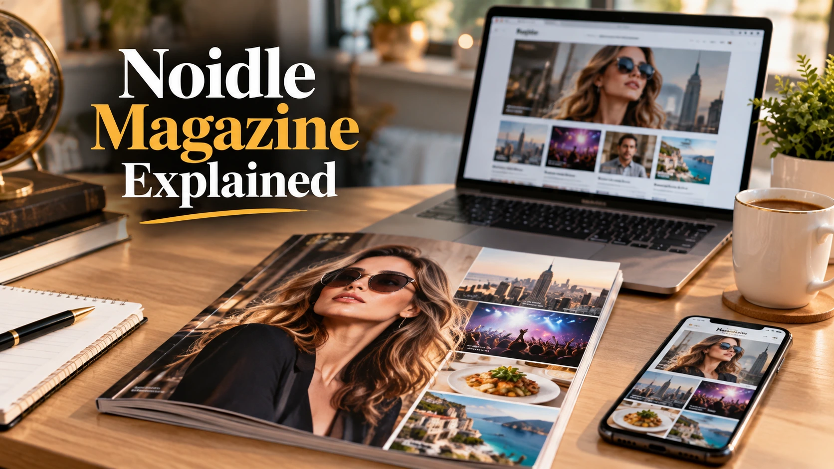 Noidle Magazine explained with a digital magazine on a laptop and smartphone