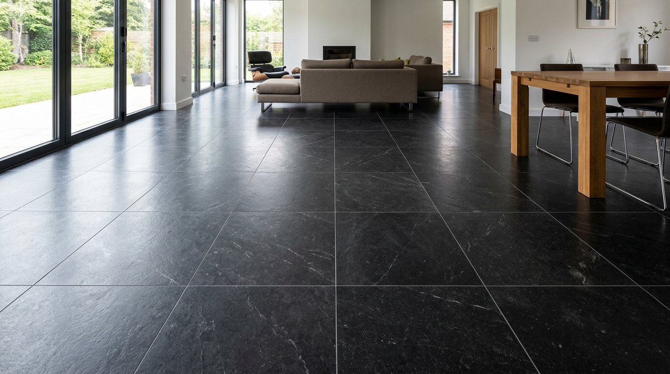 Bkstone dark stone flooring in a spacious modern home
