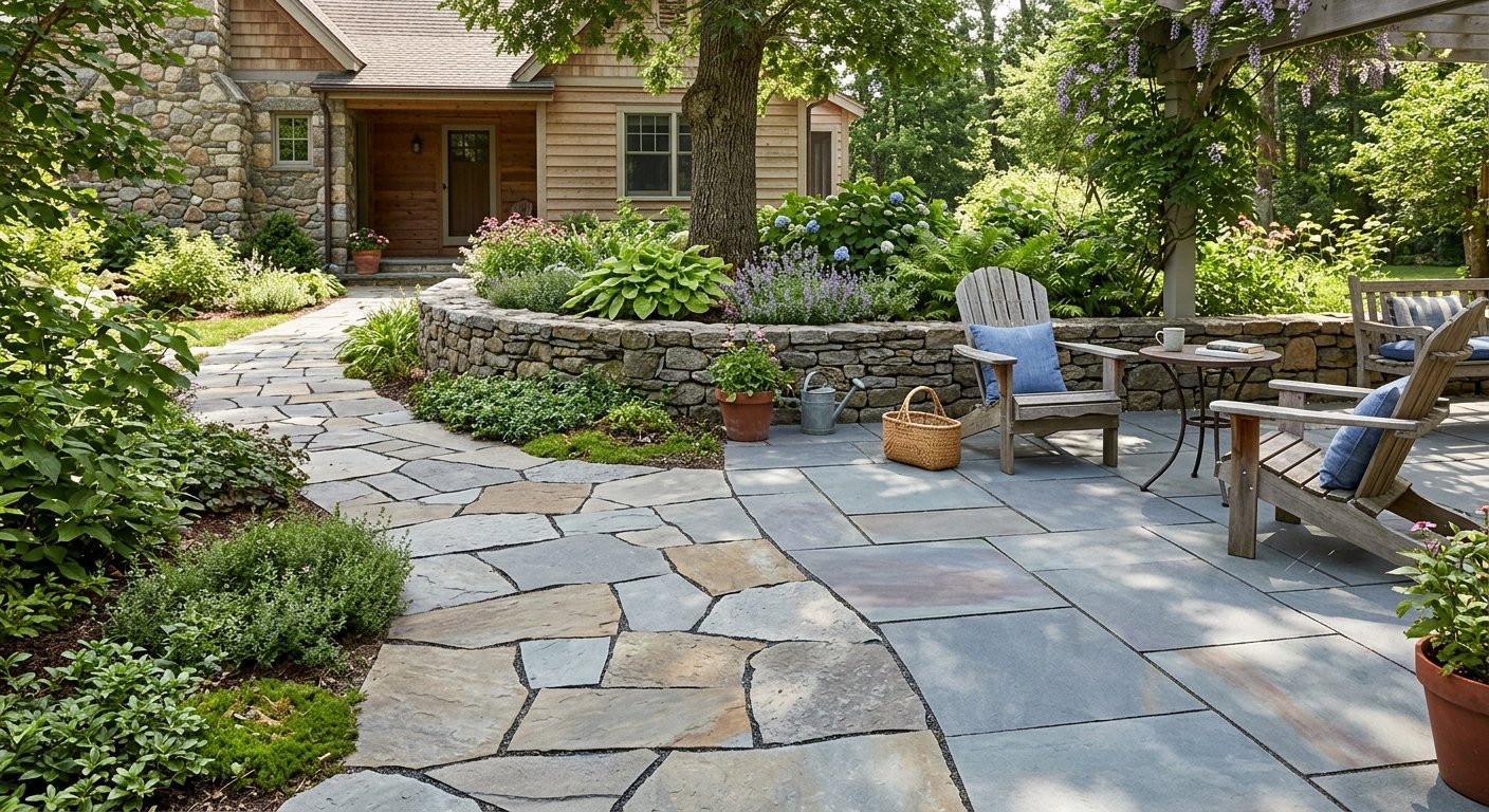 Bkstone stone patio paving in a landscaped garden