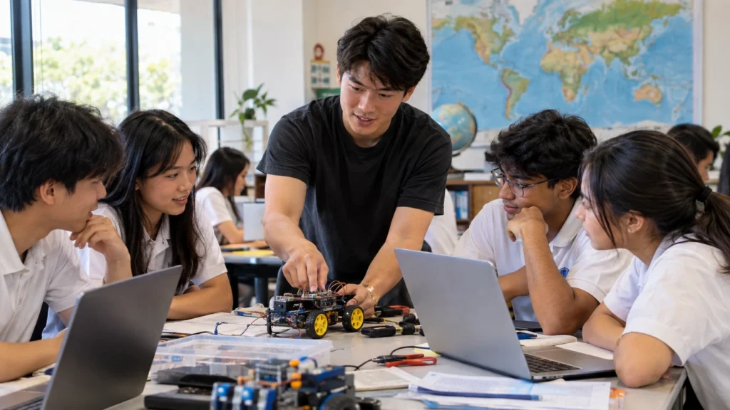 MIT students teaching STEM in an international classroom