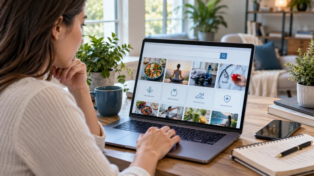Person researching Health Threetrees Com VN and online wellness information
